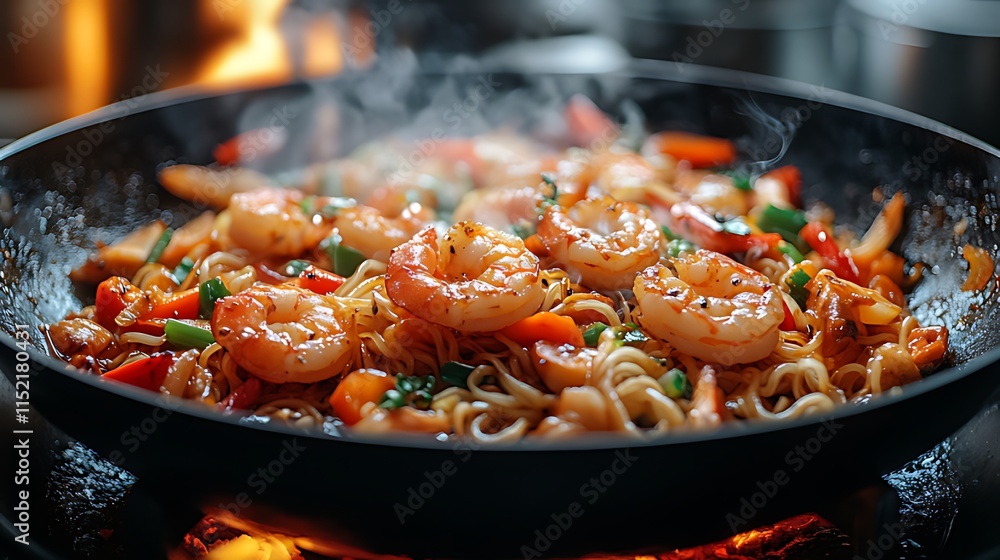 Steaming shrimp stir-fry with noodles and vegetables in a wok. Steaming shrimp stir-fry with noodles and vegetables in a wok.