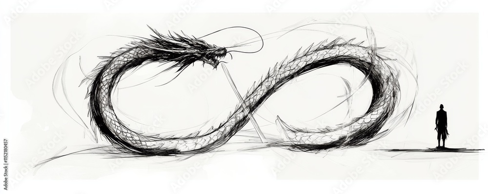 Mythical dragon encounter fantasy realm illustration surreal atmosphere side view infinity concept Mythical dragon encounter fantasy realm illustration surreal atmosphere side view infinity concept