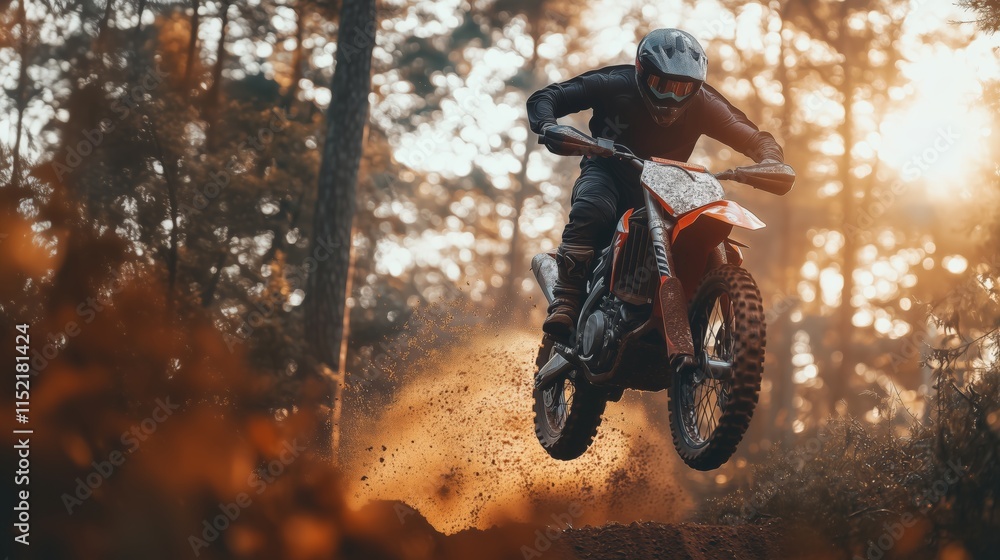 Intense Motocross Rider Racing Through a Fiery Forest Trail with Explosive Dirt and Dramatic Lighting Intense Motocross Rider Racing Through a Fiery Forest Trail with Explosive Dirt and Dramatic Lighting