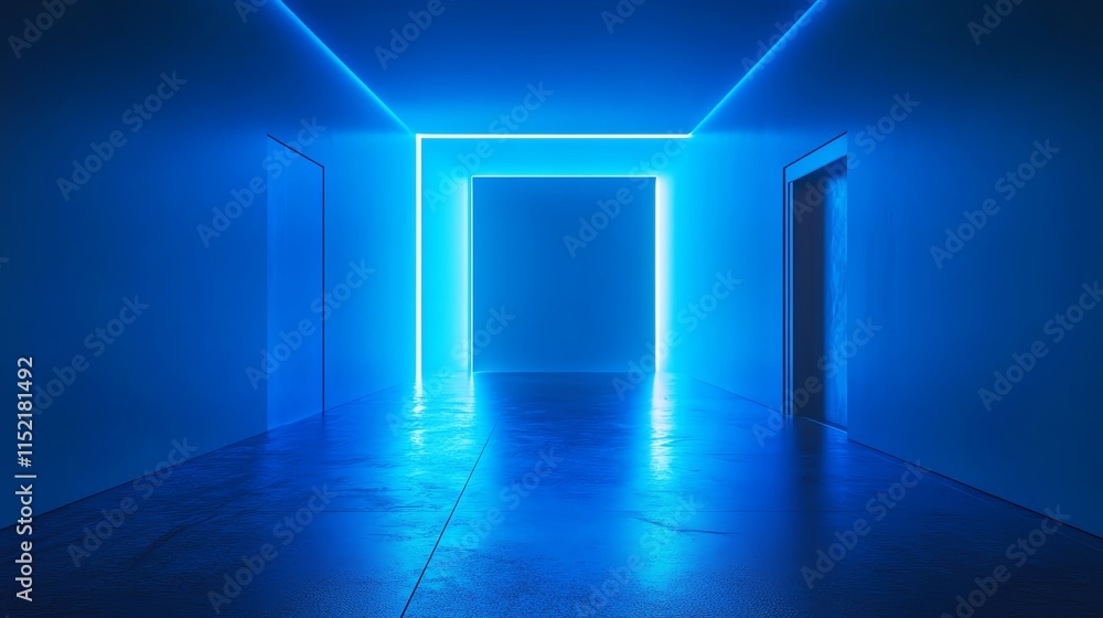 A modern corridor illuminated with blue neon lights, creating a futuristic ambiance. A modern corridor illuminated with blue neon lights, creating a futuristic ambiance.