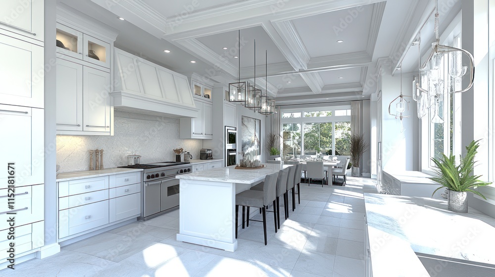 Bright, spacious kitchen with white cabinets, island, and large windows. Bright, spacious kitchen with white cabinets, island, and large windows.