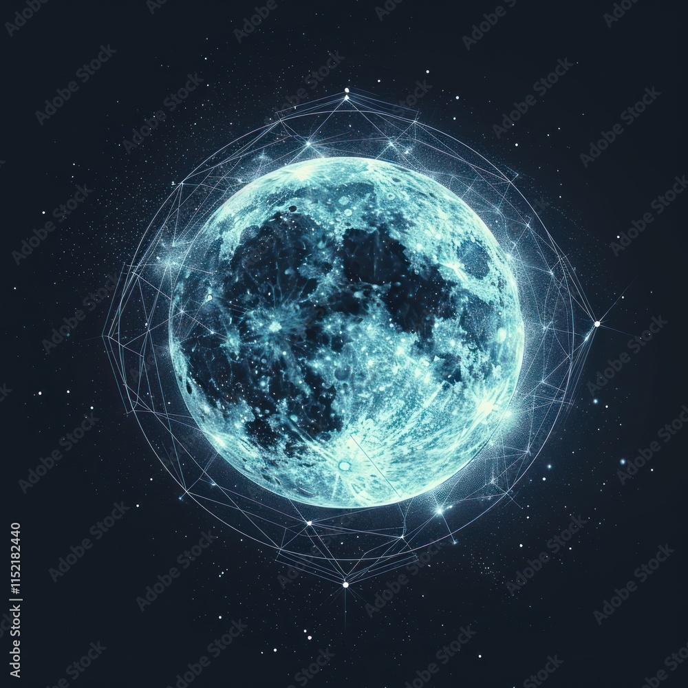 Obraz premium Stylized moon graphic surrounded by connected, glowing geometric lines on a dark, starry background.