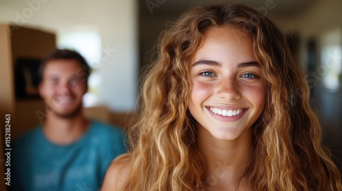 A young woman with curly hair smiles brightly in an indoor setting, evoking a sense of warmth and approachability, while a man is visible in the background. photo