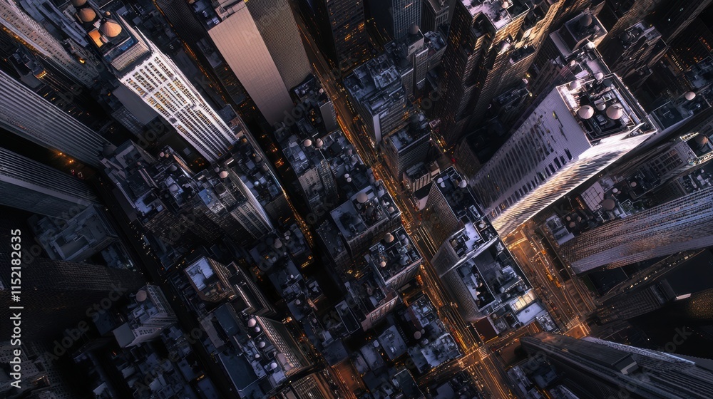Bird's-eye view of Manhattan skyscrapers, showcasing dense urban architecture, illuminated streets, and towering buildings, captured during twilight in New York City. Bird's-eye view of Manhattan skyscrapers, showcasing dense urban architecture, illuminated streets, and towering buildings, captured during twilight in New York City.