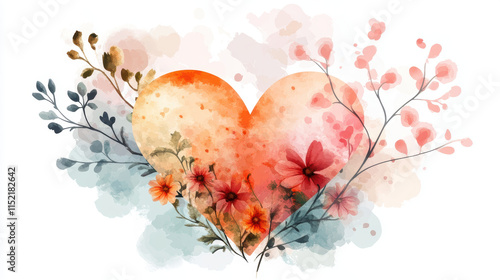 watercolor heart surrounded by delicate floral elements and soft pastel hues, evoking romantic and artistic Valentine Day theme