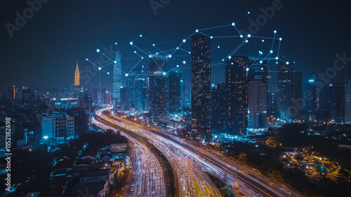 Smart digital city with connection cyber security network reciprocity over the cityscape . future smart wireless digital city and social media networking systems that connects people within the city