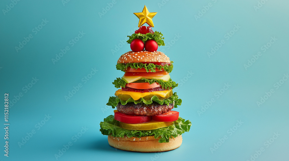 Christmas tree shaped burger stack on blue background Christmas tree shaped burger stack on blue background