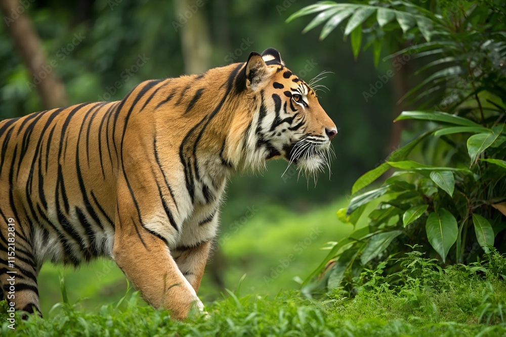 A majestic Sumatran tiger prowls stealthily through dense jungle, its striped coat blending seamlessly with shadows, eyes sharp, and muscles poised for the hunt. A majestic Sumatran tiger prowls stealthily through dense jungle, its striped coat blending seamlessly with shadows, eyes sharp, and muscles poised for the hunt.