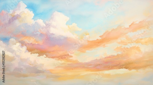 Capturing the essence of a breathtaking sunset, this beautiful watercolor painting features a vibrant sky filled with colorful clouds, evoking a serene and inspiring atmosphere