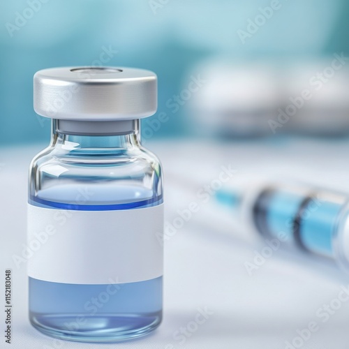 A close-up of a glass vial containing a blue liquid, showcasing a sterile syringe ready for vaccination or medical use. photo