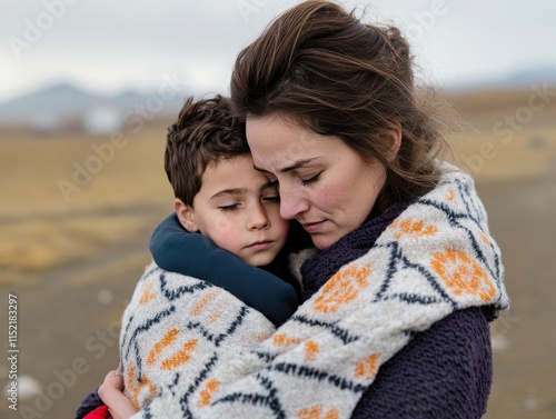 A tender moment between a mother and son, showcasing love and connection in a serene outdoor setting. photo