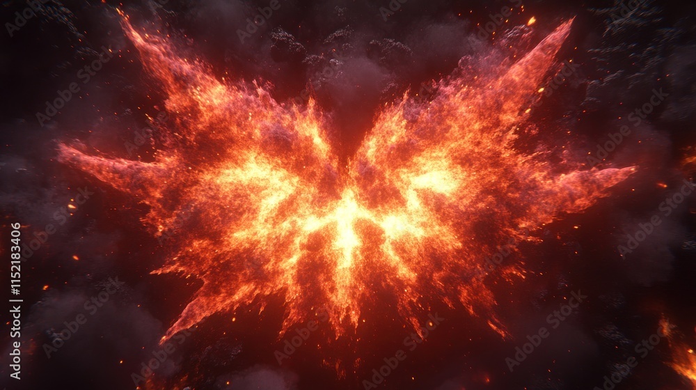 Fototapeta premium Fiery wings abstract background with smoke and sparks.