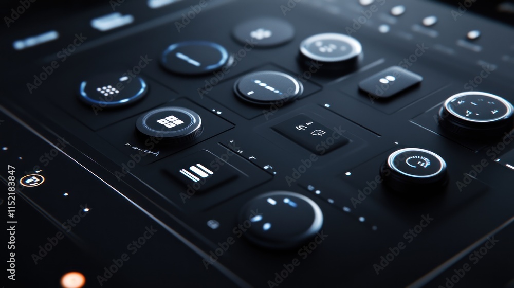 A close-up of a sleek control panel featuring various buttons and dials for operation. A close-up of a sleek control panel featuring various buttons and dials for operation.