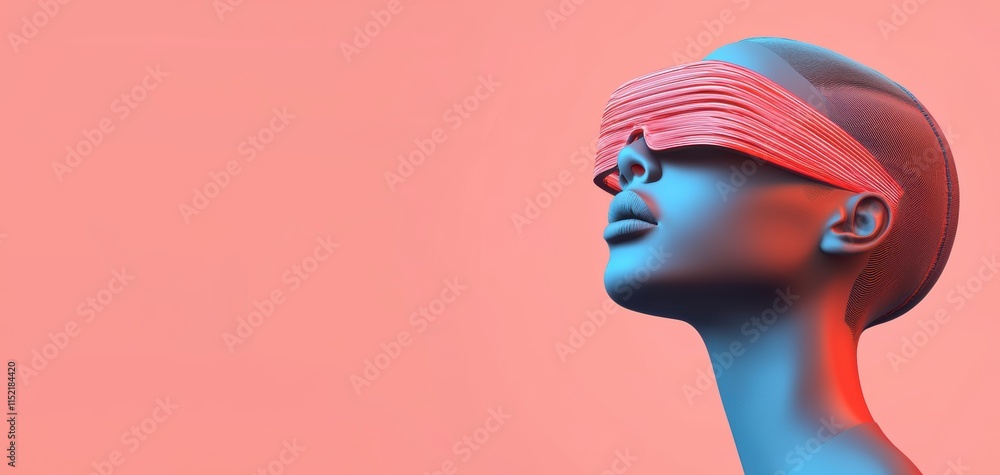 © Wimon - A stylized blue mannequin with a patterned blindfold against a coral background, suggesting themes of perception and modern design. © Wimon - A stylized blue mannequin with a patterned blindfold against a coral background, suggesting themes of perception and modern design.