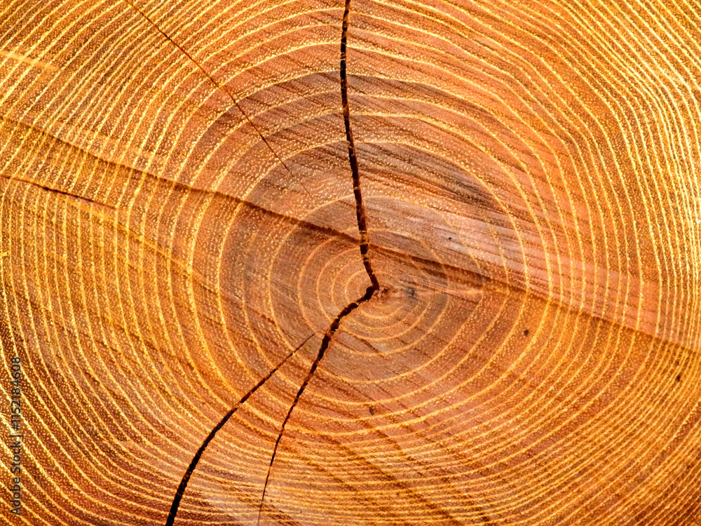 Naklejka premium Close up of a cross section of an acacia tree, showing rings and cracking