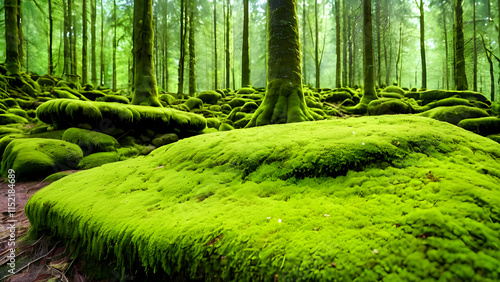 A stone covered with green moss in the forest. Wildlife landscape. Wide banner. Copy space. Design. Empty space for the product.