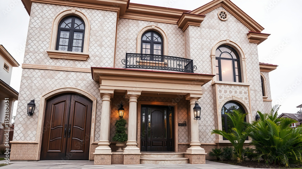 Two-story house with beige patterned facade, arched windows and doors, a balcony, and landscaping. The style is Mediterranean or Italianate. Dark brown double doors are the main entry. Two-story house with beige patterned facade, arched windows and doors, a balcony, and landscaping. The style is Mediterranean or Italianate. Dark brown double doors are the main entry.