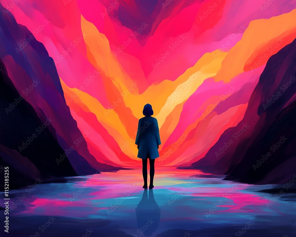 Obraz premium Woman silhouetted against vibrant sunset landscape.