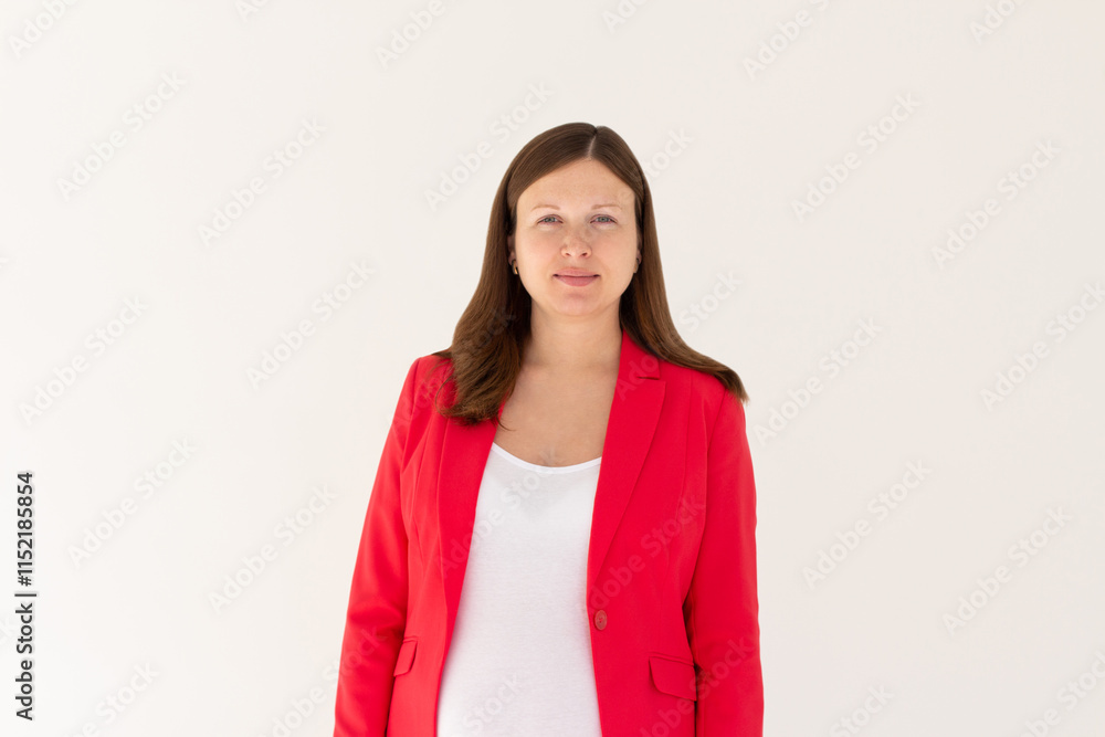 Close-up portrait of young pregnant woman casual portrait in positive view, big smile, beautiful model posing in studio over white background. Caucasian portrait woman. Close-up portrait of young pregnant woman casual portrait in positive view, big smile, beautiful model posing in studio over white background. Caucasian portrait woman.