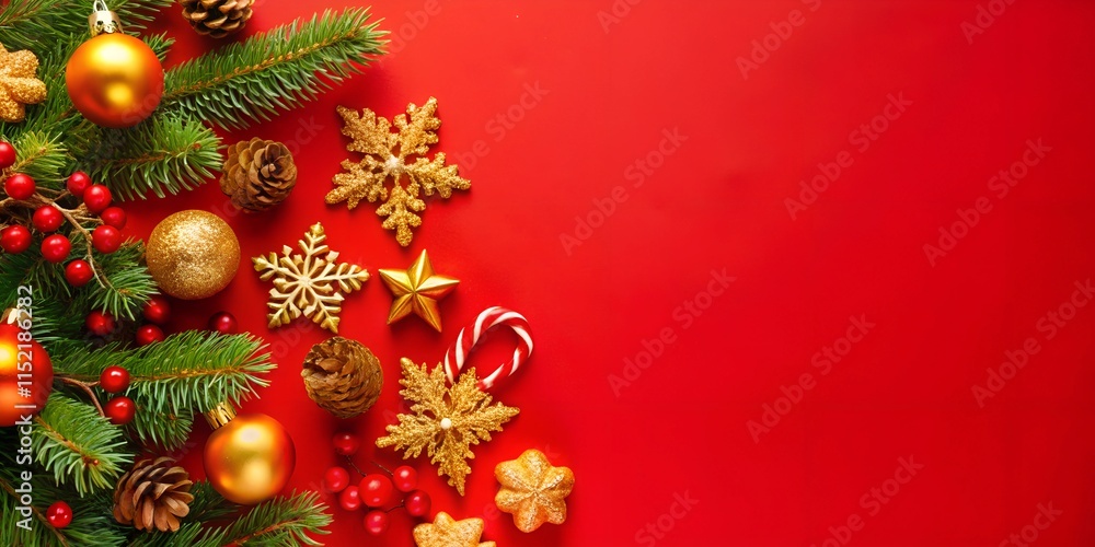 Festive decorations arranged on a vibrant red background for a joyful holiday celebration Festive decorations arranged on a vibrant red background for a joyful holiday celebration