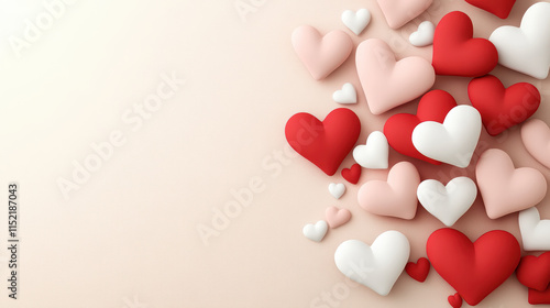 romantic Valentine Day card design featuring overlapping red, pink, and white hearts on soft beige background, evoking love and warmth