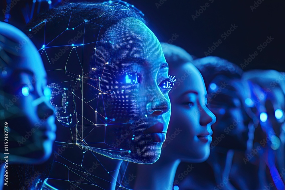 Obraz premium Abstract faces, digital network, glowing blue light.