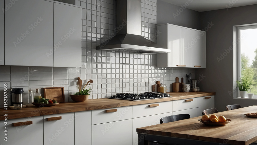 White-backed kitchen wall tile design, 3D rendering, and illustration White-backed kitchen wall tile design, 3D rendering, and illustration