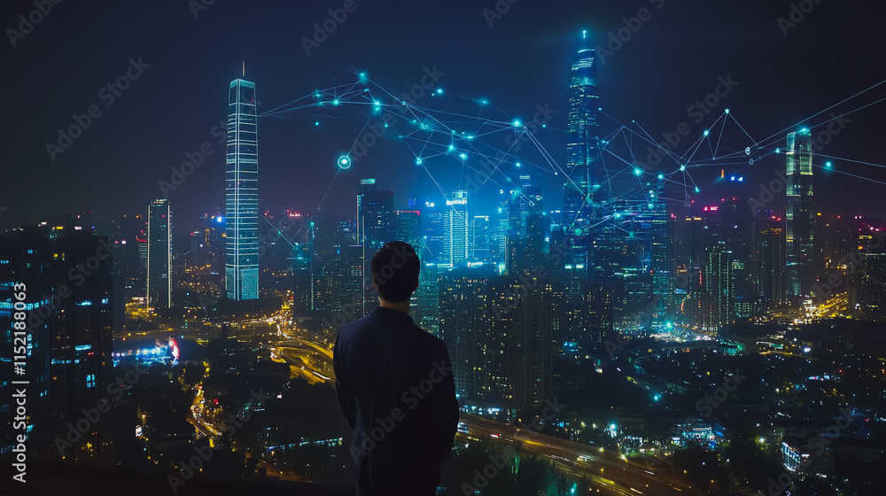 Smart digital city with connection cyber security network reciprocity over the cityscape . future smart wireless digital city and social media networking systems that connects people within the city