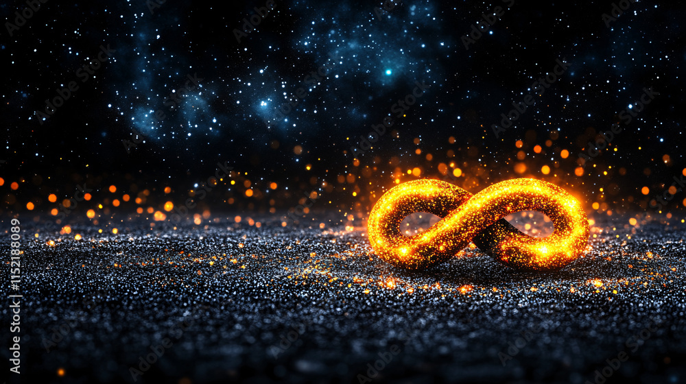 glowing infinity symbol surrounded by sparkling particles in cosmic setting evokes sense of endless possibilities and wonder glowing infinity symbol surrounded by sparkling particles in cosmic setting evokes sense of endless possibilities and wonder