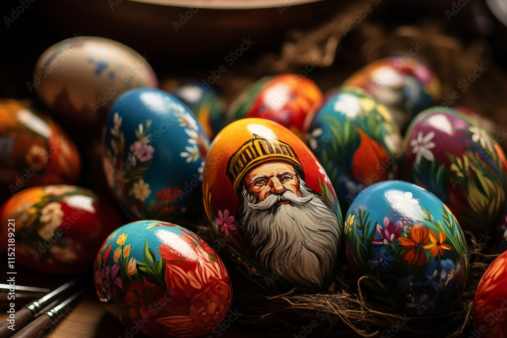 Fototapeta premium Generative AI image of a collection of colored, handcrafted Easter eggs