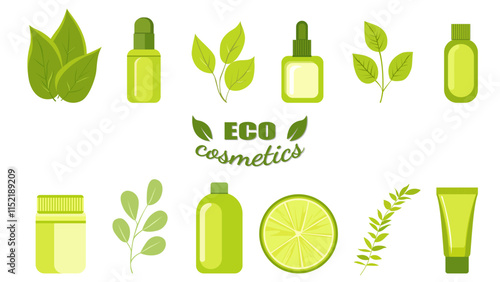 Set of eco cosmetics for design. Skin care products concept. Cream, lotion, serum, mask or oil. Organic natural cosmetics in jars and tubes.