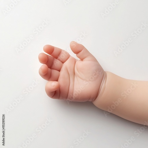 Delicate Baby Girl s Hand with Subtle Wrinkles and Proportions on White Background photo