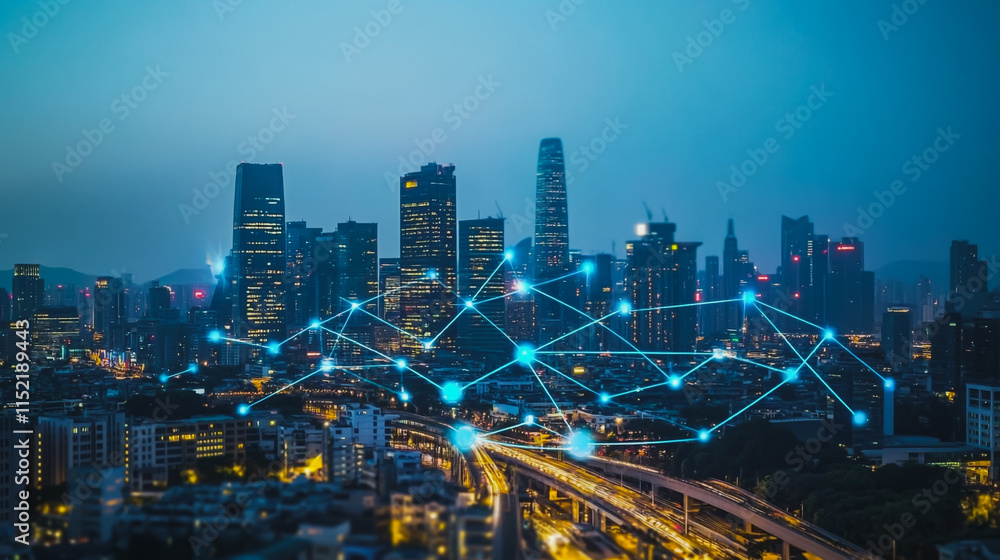 Obraz premium Smart digital city with connection cyber security network reciprocity over the cityscape . future smart wireless digital city and social media networking systems that connects people within the city