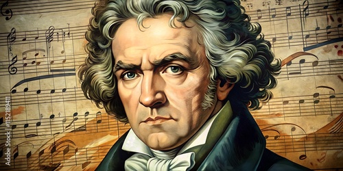 Portrait of a composer surrounded by musical notes, capturing the essence of genius in classical music from the 18th century photo