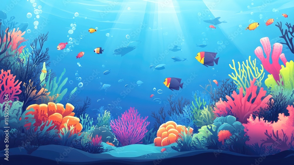 Naklejka premium Vibrant Underwater Scene With Colorful Fish and Coral Reefs