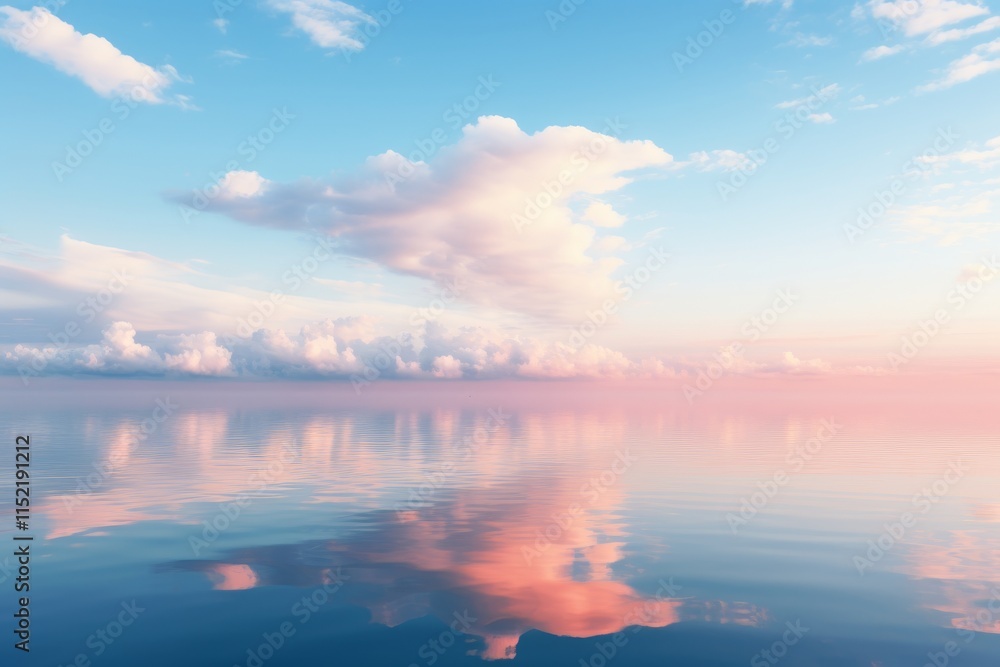 Fototapeta premium Serene morning landscape soft pastel pink clouds reflecting in tranquil blue waters
