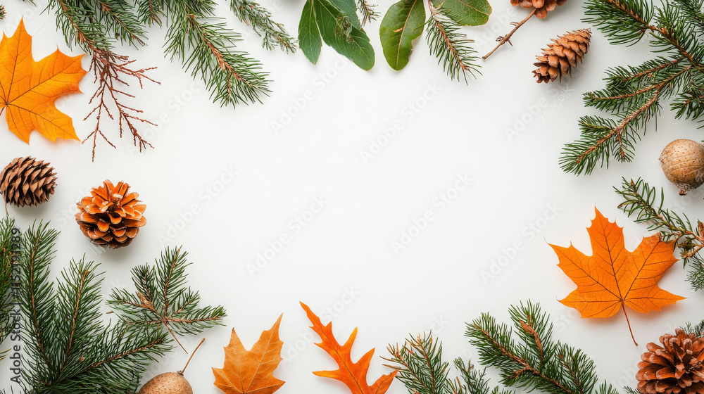 Naklejka premium Festive Autumn and Winter Natural Elements with Pine Cones, Colorful Leaves, and Greenery Arranged in a Beautiful Frame for Seasonal Designs