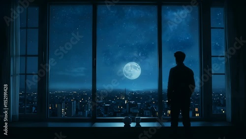 Man gazing at the moonlit cityscape through a large window. Seamless looping 4k time-lapse animation video background
