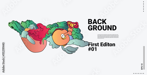 Vector abstract cartoon monster face, beak, fang, bird doodle design,and head colorful illustration.Banner and wallpaper background. landing page illustration