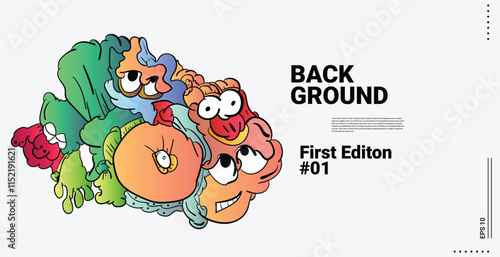 Design Abstract doodle art Object Landing Page Concept Red Background. Face or Bird character with funny faces. Smiling monster, monsters with big eyes and teeth, Fang, bird, cute illustration