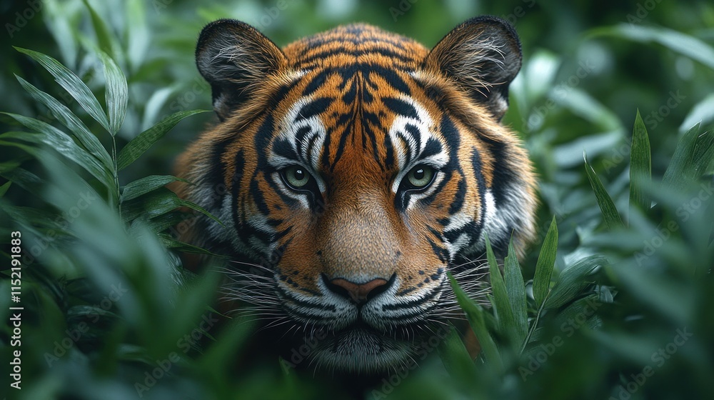A close-up of a tiger's face peering through lush green foliage. A close-up of a tiger's face peering through lush green foliage.