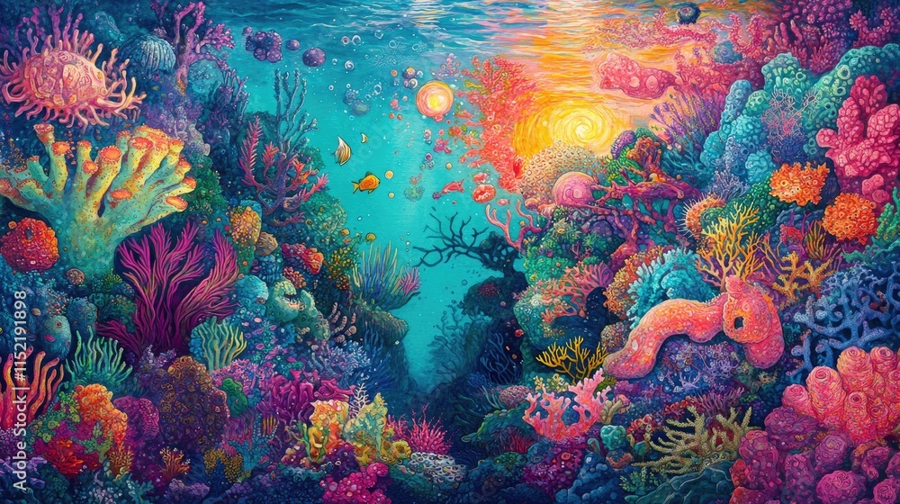 Naklejka premium Vibrant Underwater Coral Reef Scene With Fish