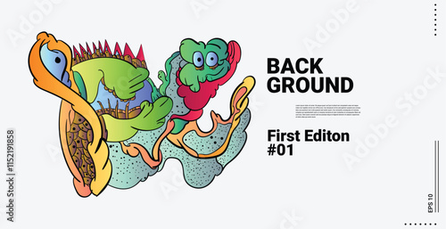 Design Abstract doodle art Object Landing Page Concept Red Background. Face or Bird character with funny faces. Smiling monster, monsters with big eyes and teeth, Fang, bird, cute illustration