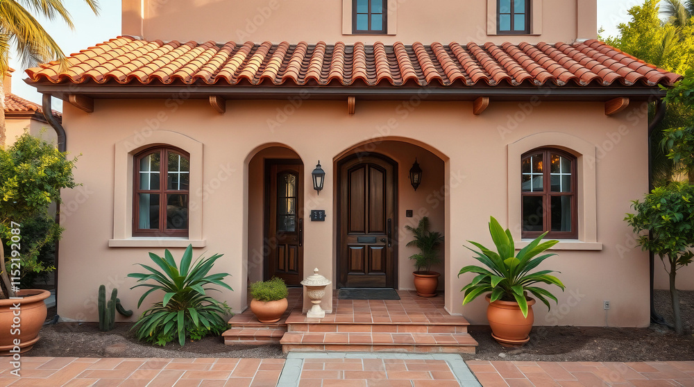 Mediterranean-style stucco home with terracotta roof tiles, arched entryways, and dark brown doors and windows. Landscaped with potted plants. Mediterranean-style stucco home with terracotta roof tiles, arched entryways, and dark brown doors and windows. Landscaped with potted plants.