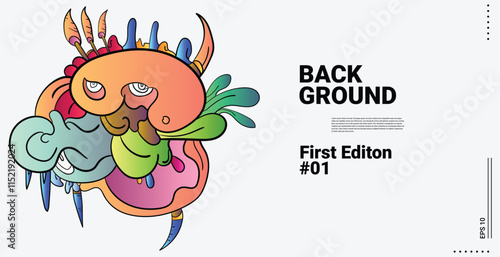 Design Abstract doodle art Object Landing Page Concept Red Background. Face or Bird character with funny faces. Smiling monster, monsters with big eyes and teeth, Fang, bird, cute illustration