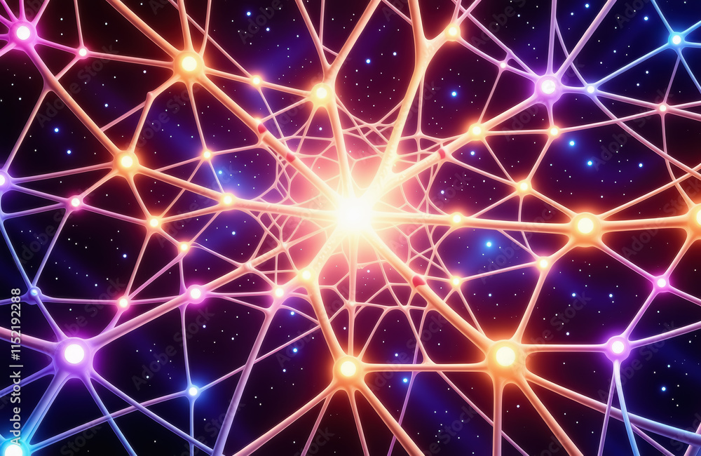 Vibrant neural network concept with glowing connections against starry background Vibrant neural network concept with glowing connections against starry background