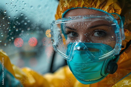 Close-up of a person wearing protective gear, costume, hazmat suit, mask, and goggles generative AI photo