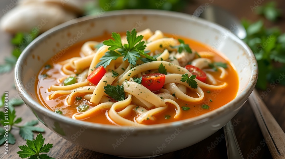 Delicious homemade chicken noodle soup with fresh herbs and vegetables. Delicious homemade chicken noodle soup with fresh herbs and vegetables.
