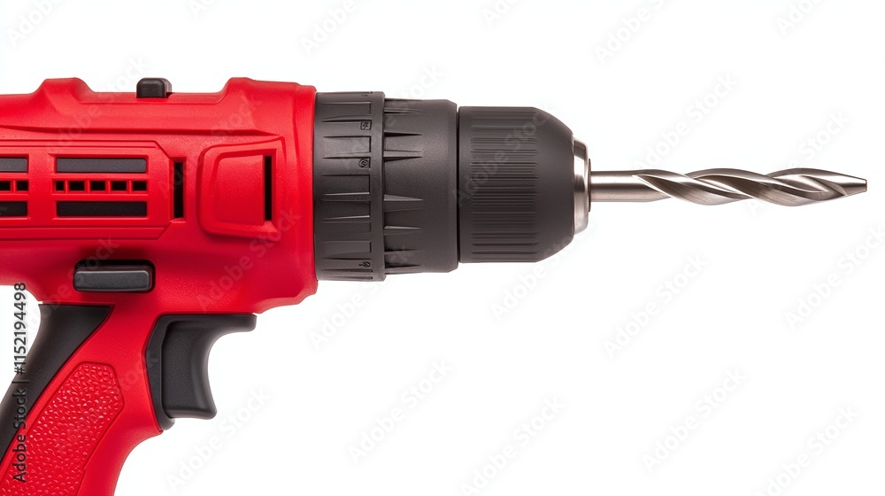 Red cordless drill with a drill bit isolated on white background. Red cordless drill with a drill bit isolated on white background.