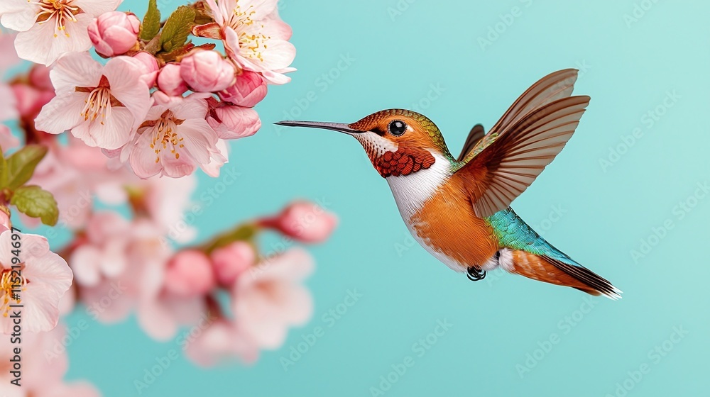 Fototapeta premium Hummingbird in flight near pink blossoms.